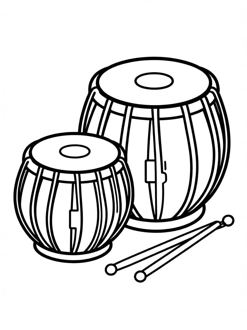 A simple outline of an Indian drum (tabla) with drumsticks.