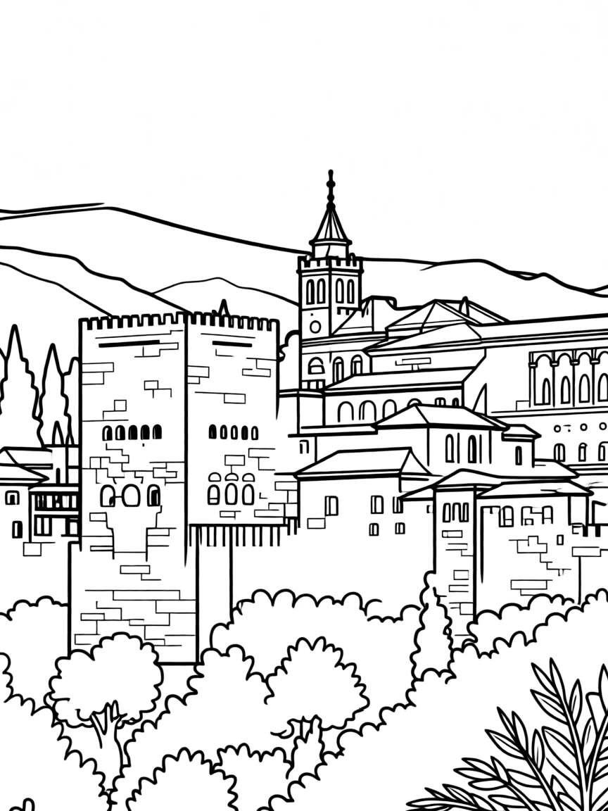 A simple outline of the Alhambra in Granada, Spain.