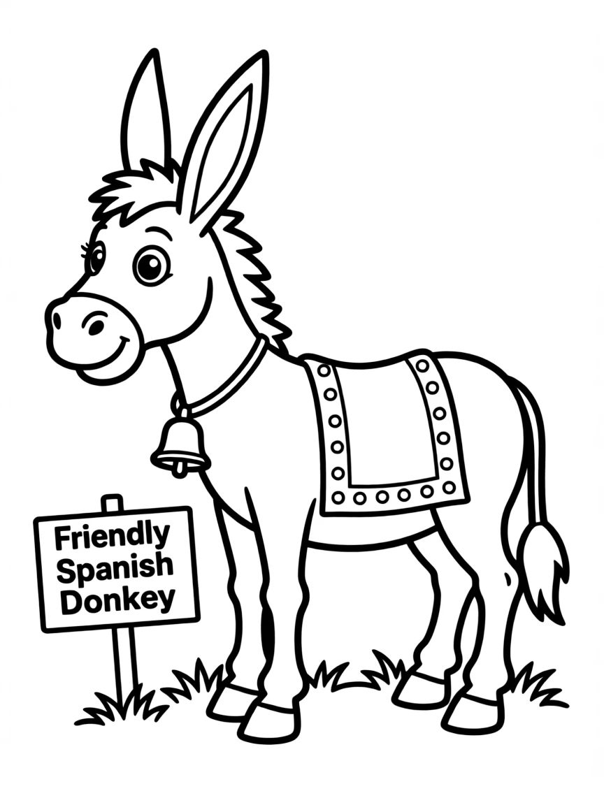 A cartoon-style drawing of a friendly Spanish donkey.