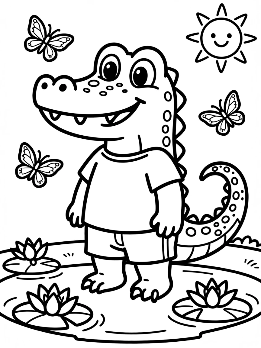 A cute drawing of a small crocodile.