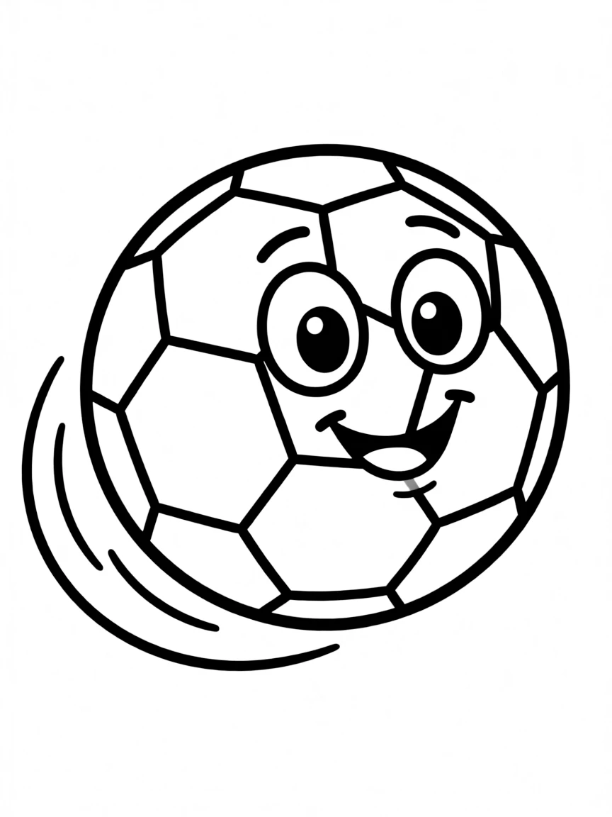 A cartoon-style drawing of a happy soccer ball.