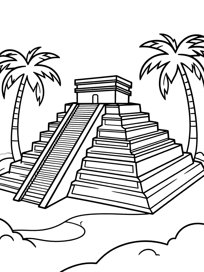 A simple outline of the Chichen Itza pyramid in Mexico.
