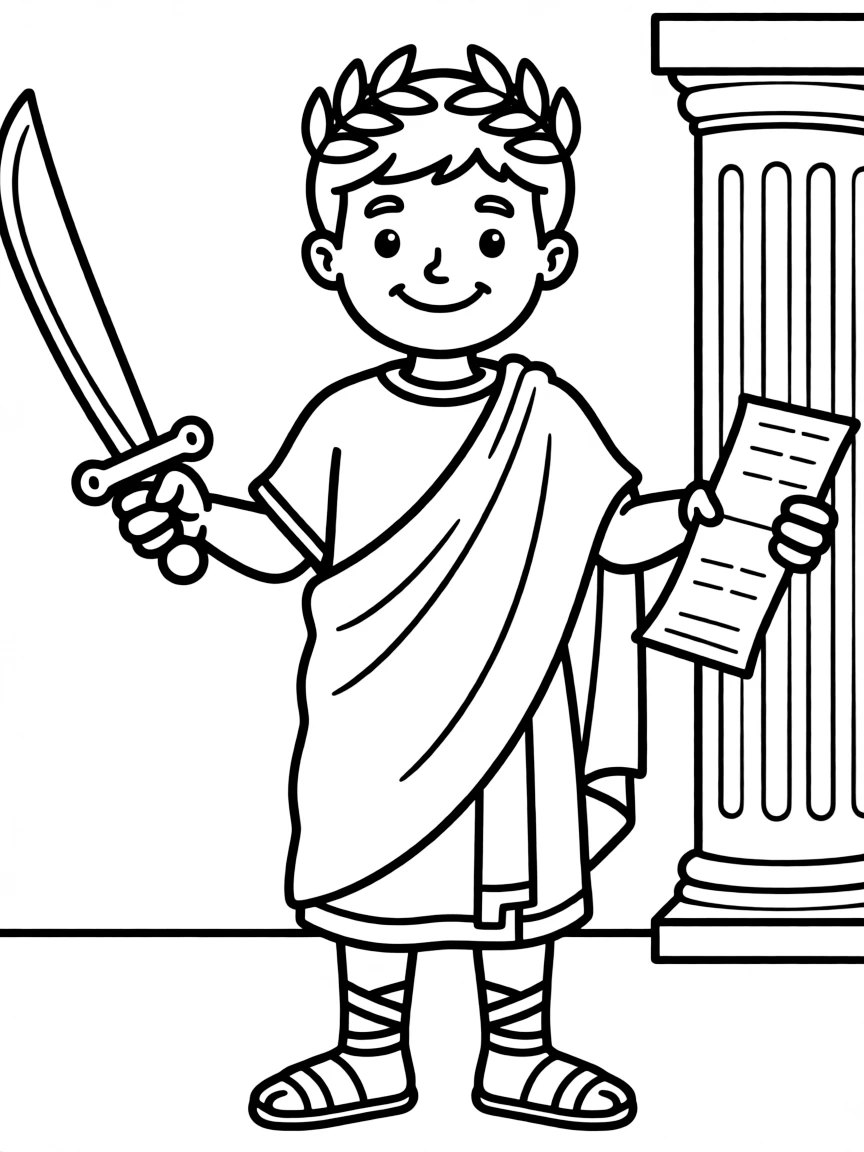 A cartoon-style drawing of a cheerful Roman emperor.