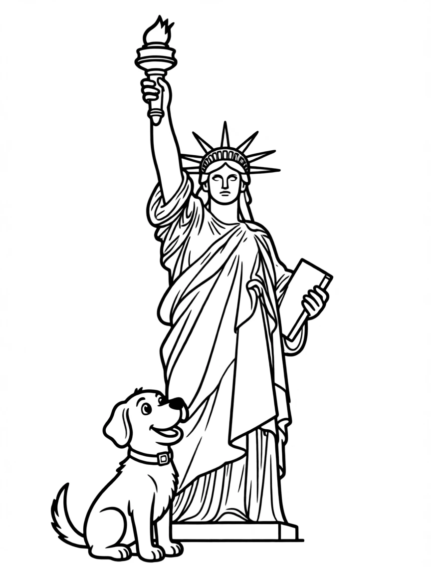 A simple outline of the Statue of Liberty in New York, with a happy dog.
