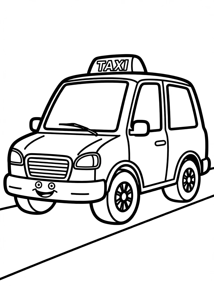 A cartoon-style drawing of a big yellow taxi cab.