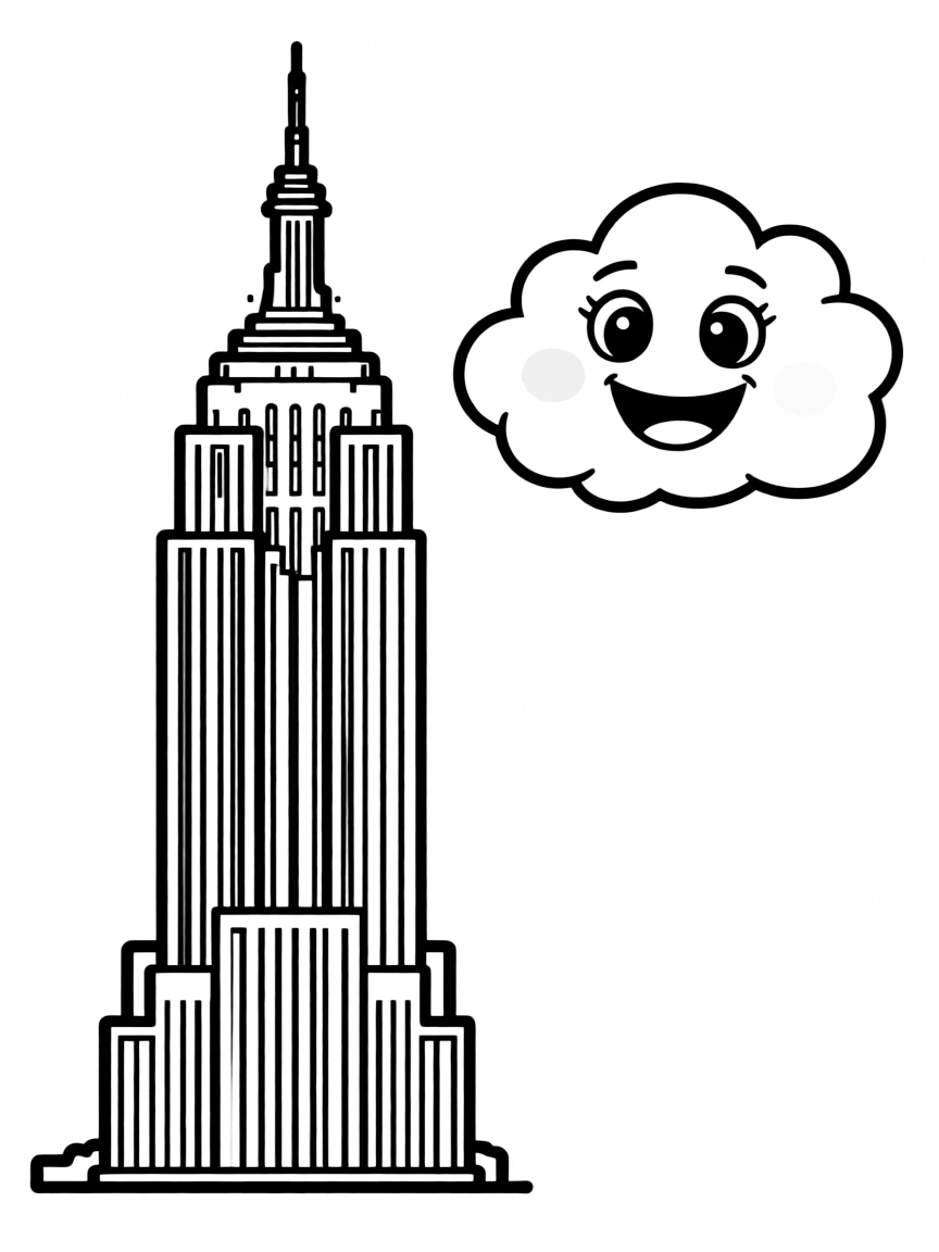 A simplified drawing of the Empire State Building with a happy cloud.