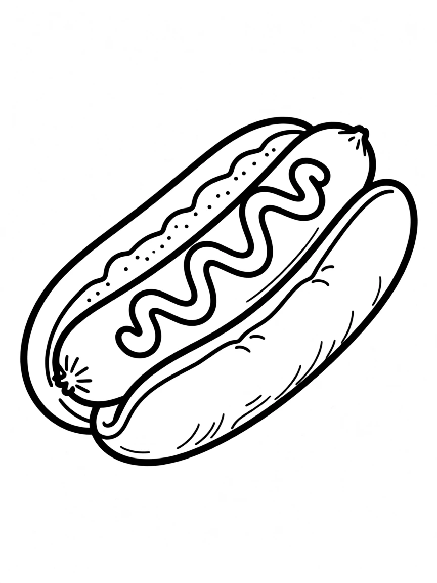 A simple outline of a hot dog with mustard.