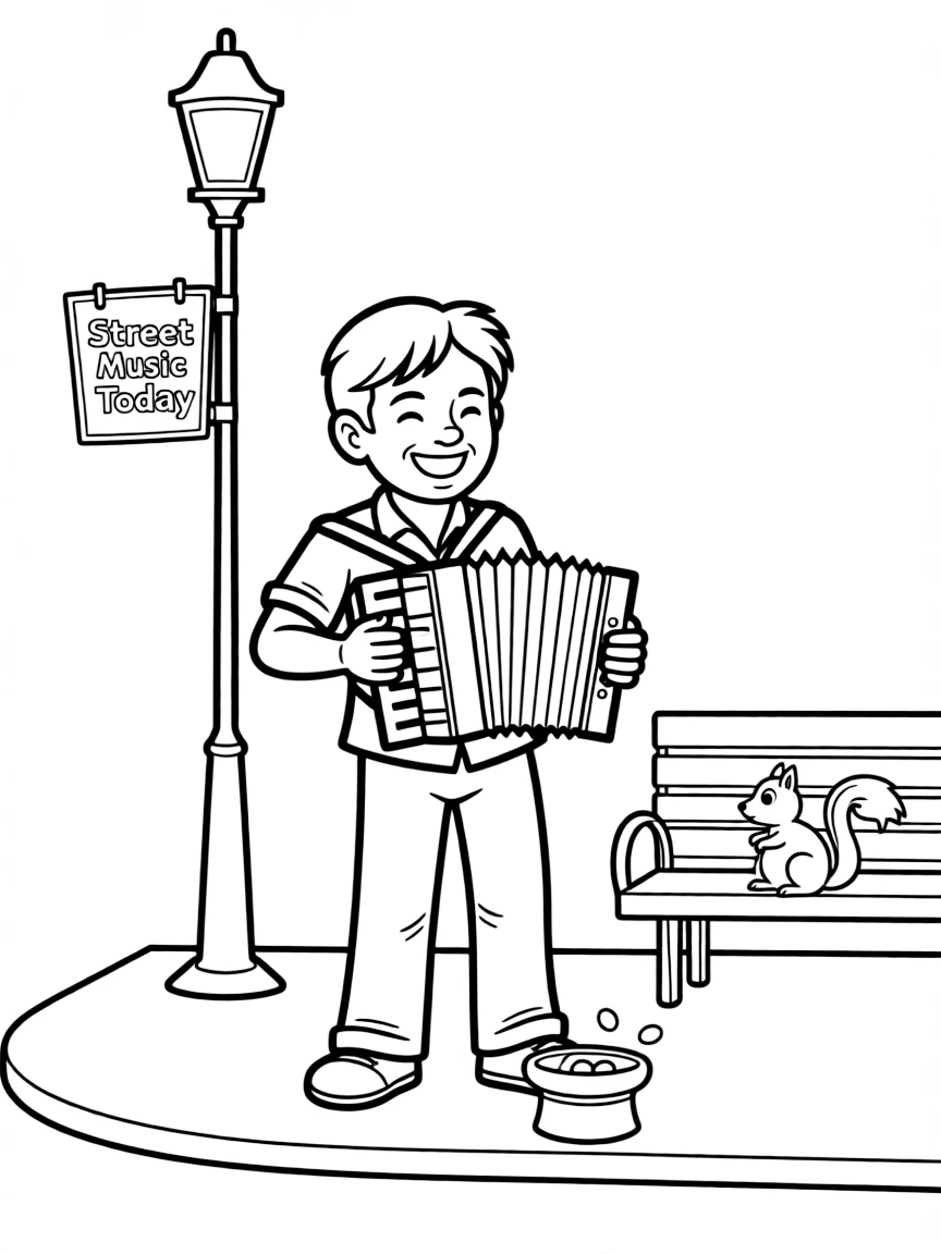 A cartoon-style drawing of a cheerful street performer.