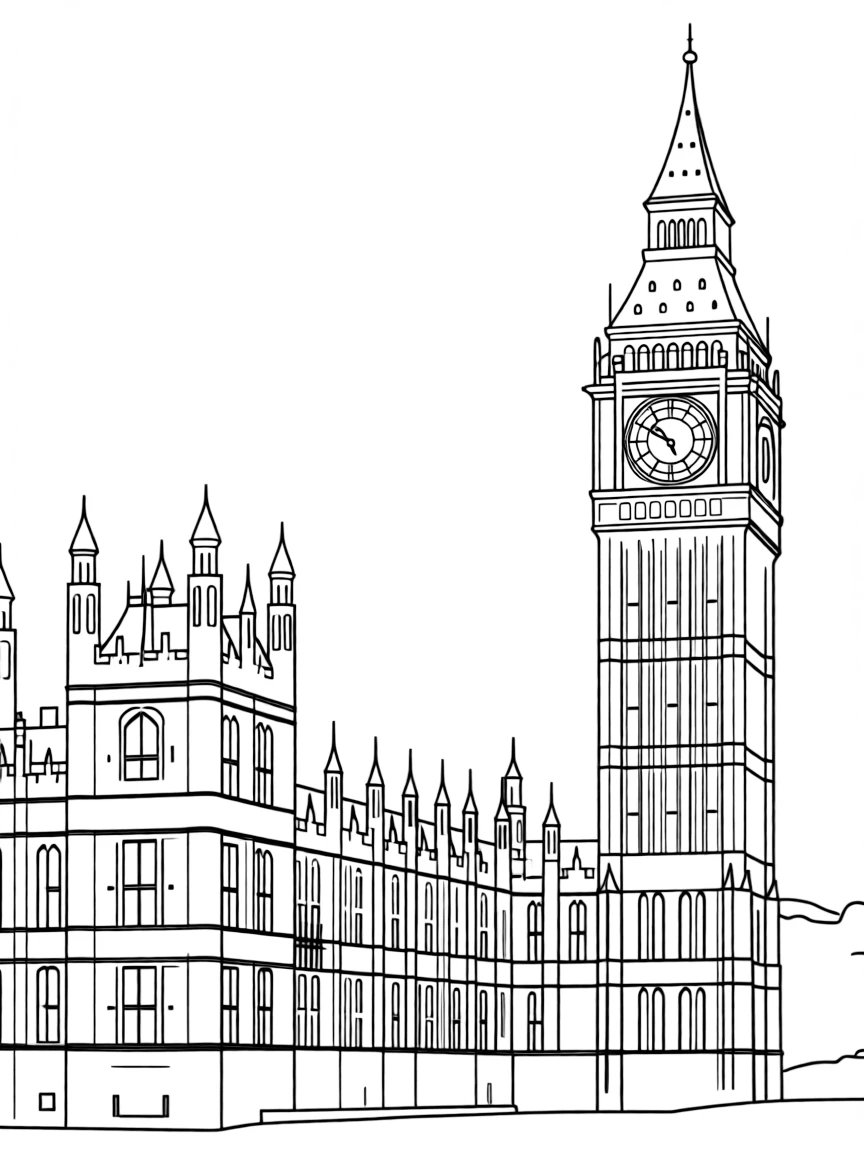 A simple outline of the Houses of Parliament and Big Ben, London, UK.