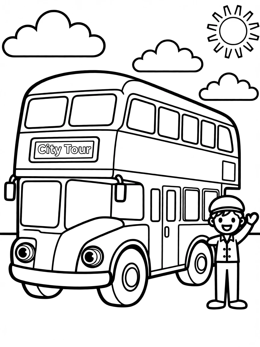 A cartoon-style drawing of a friendly double-decker bus.