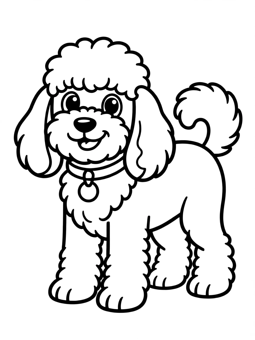 A cartoon-style drawing of a friendly French poodle.