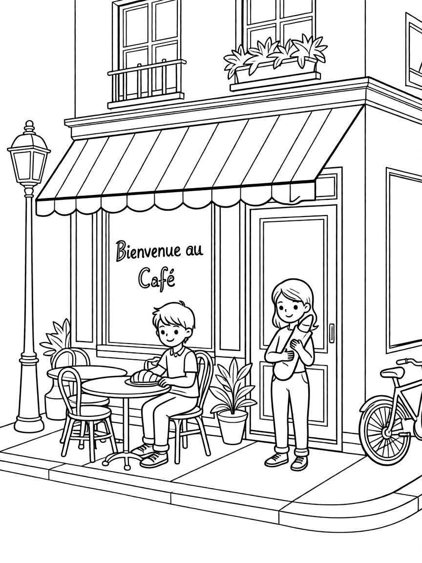 A cute drawing of a small French cafe.