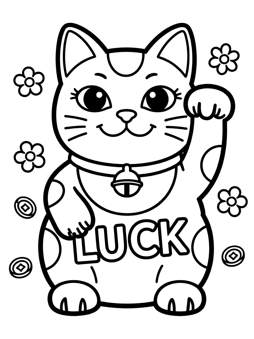 A cartoon-style drawing of a cheerful lucky cat.