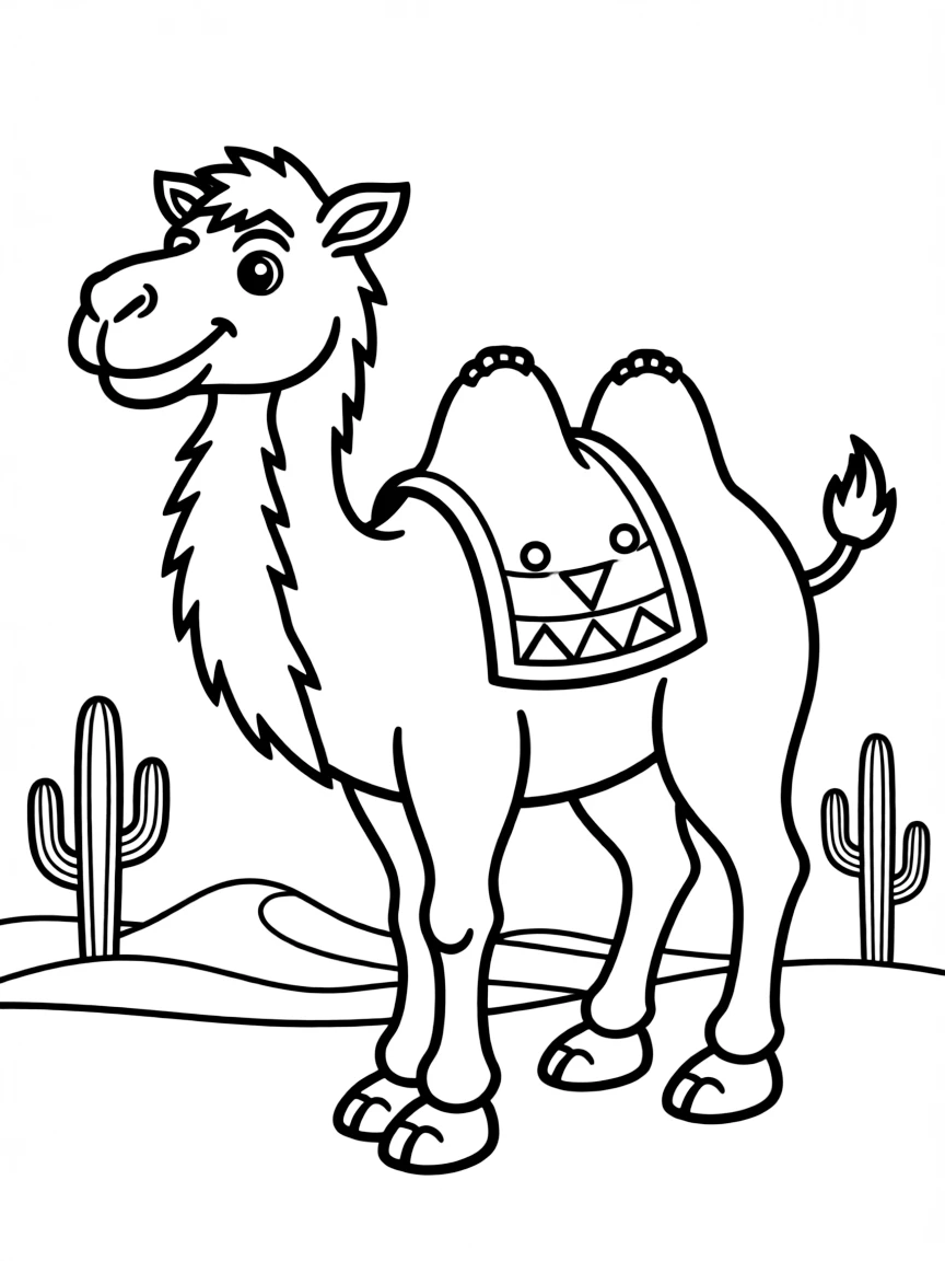 A cartoon-style drawing of a friendly camel.