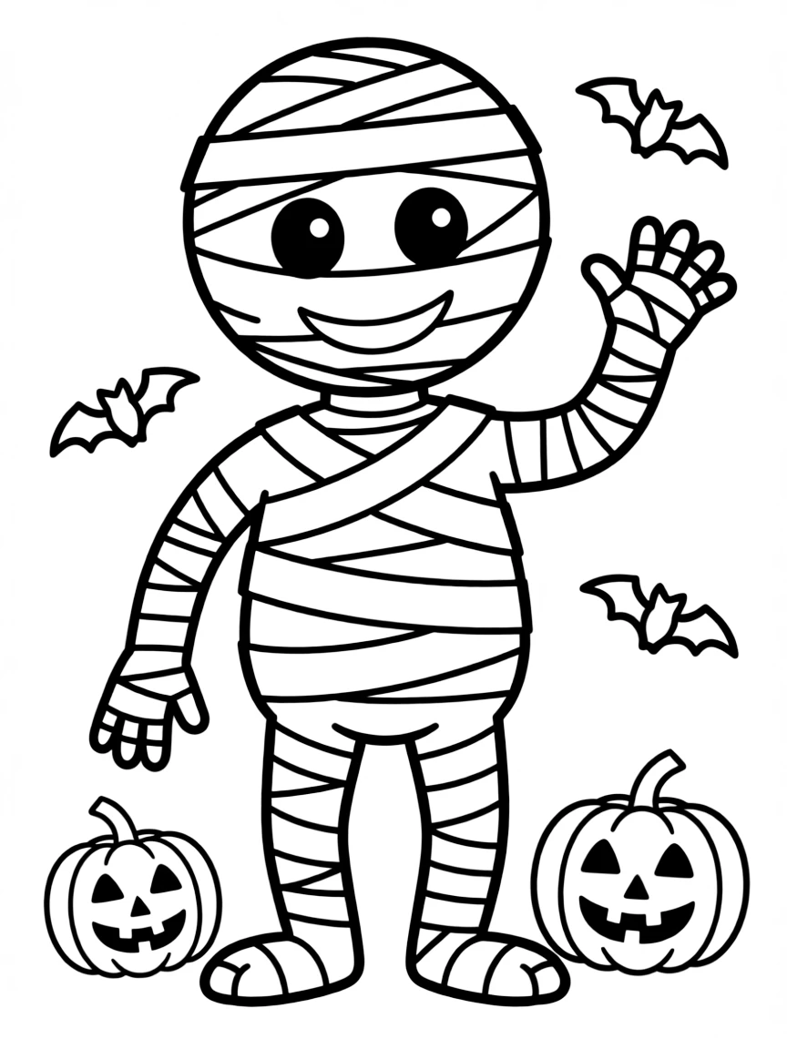 A cartoon-style drawing of a cheerful mummy.
