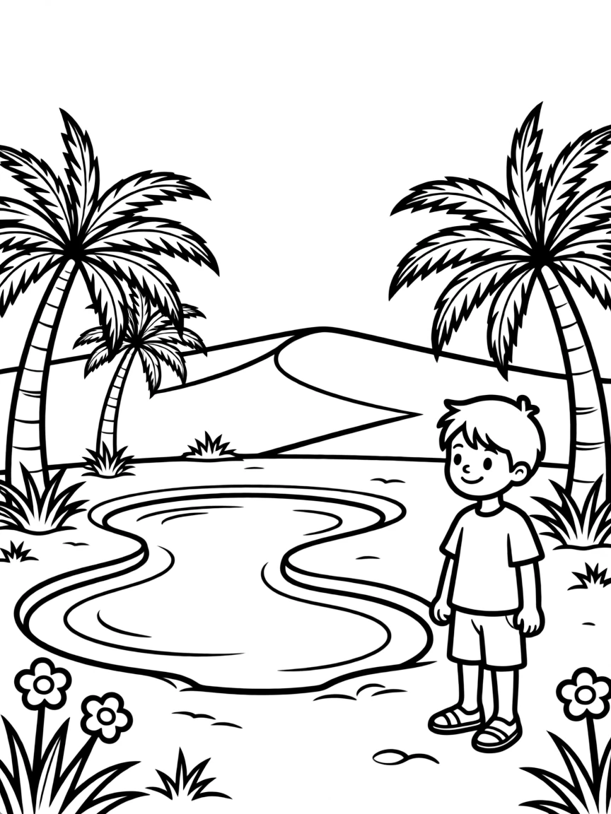 A cute drawing of a small oasis.