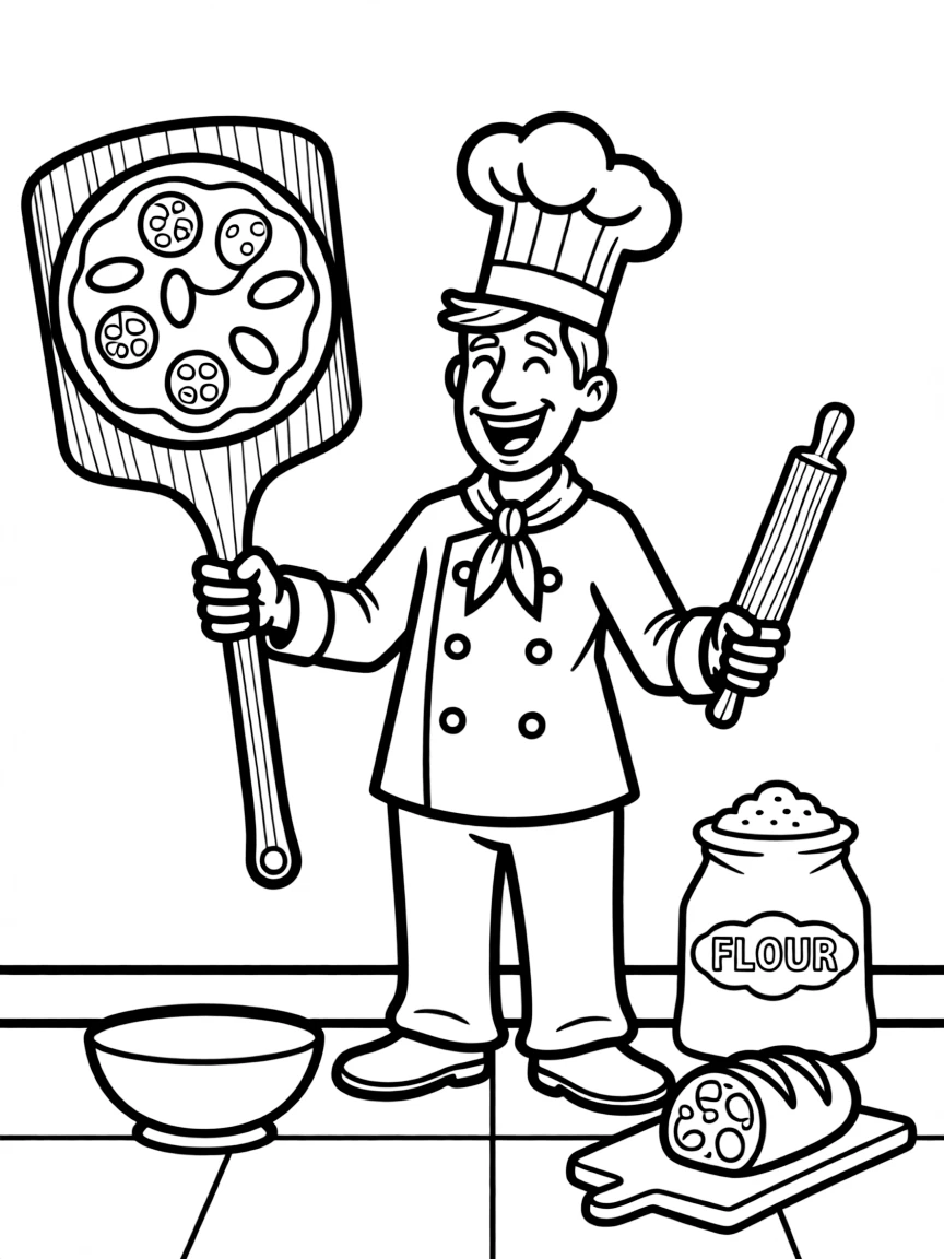 A cartoon-style drawing of a cheerful Italian chef.