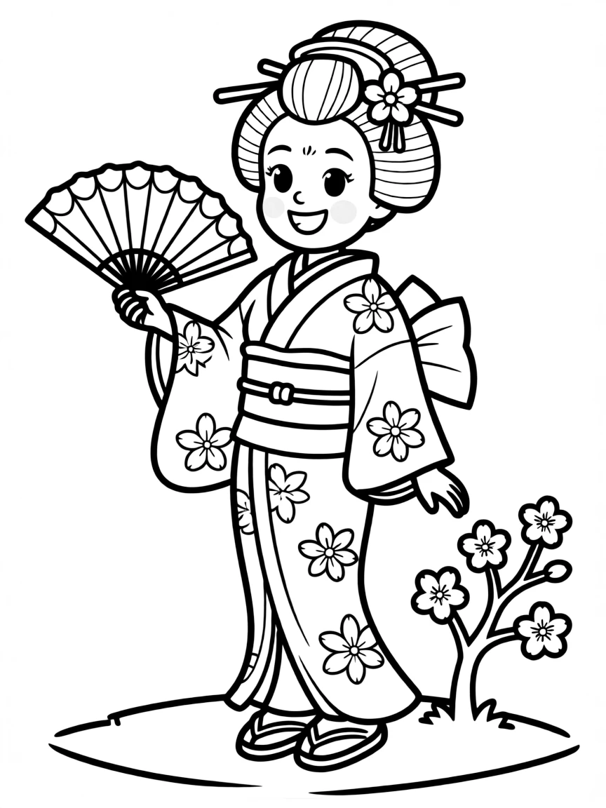 A cartoon-style drawing of a cheerful geisha.