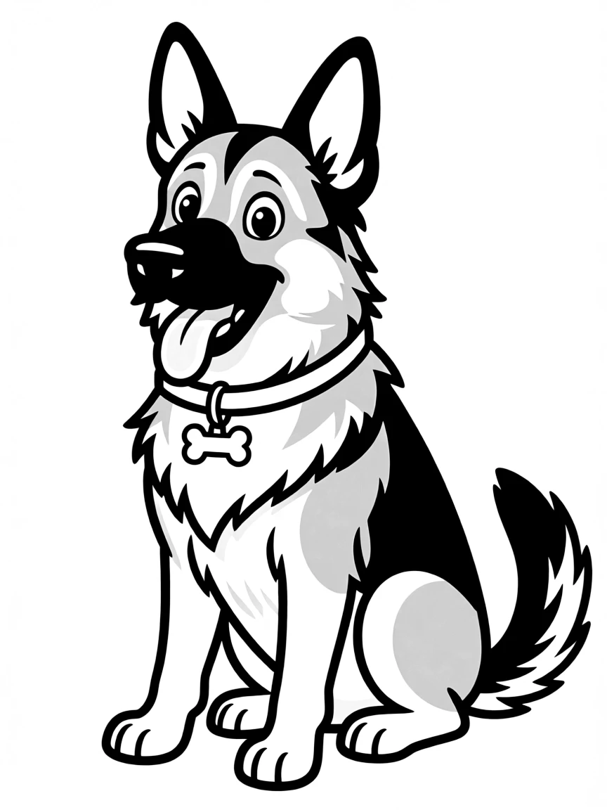 A cartoon-style drawing of a friendly German shepherd.