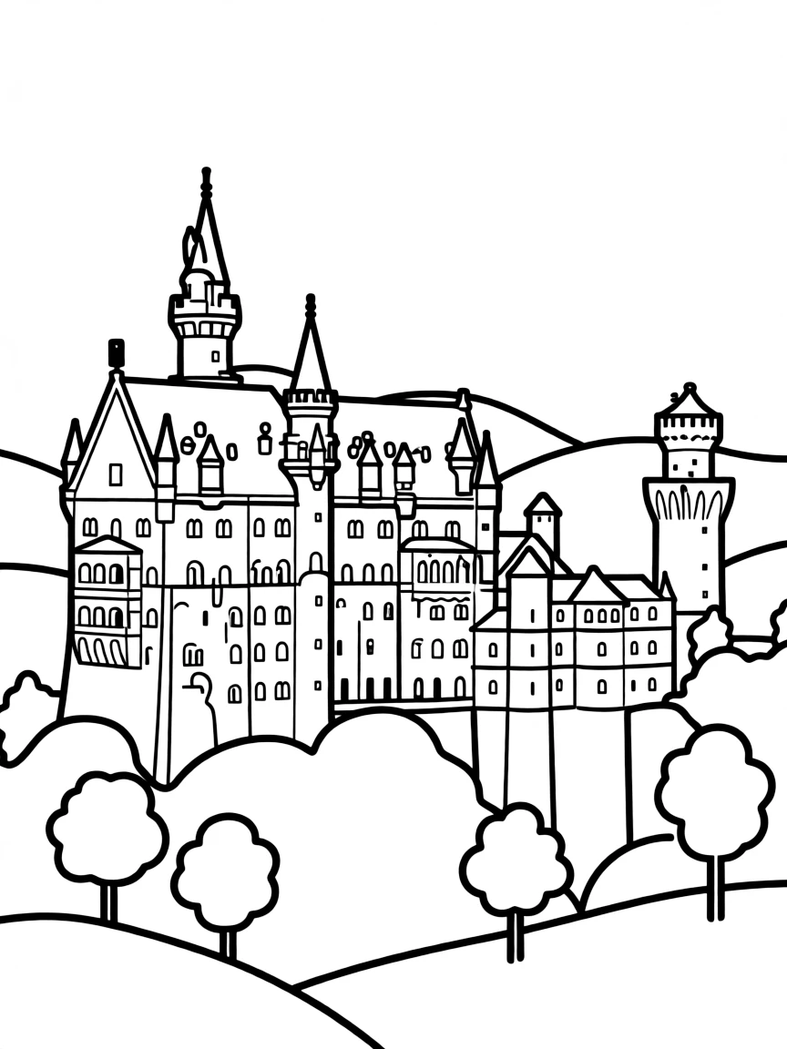 A drawing of a simplified Neuschwanstein Castle.
