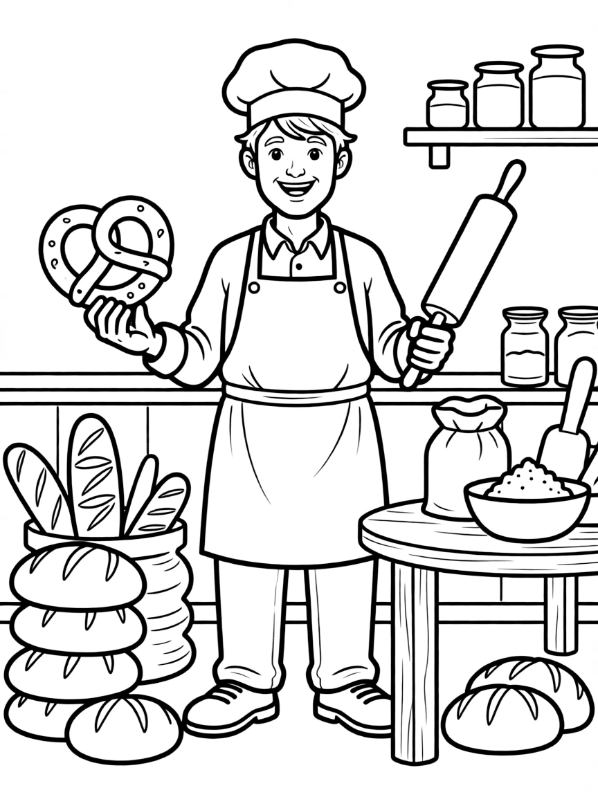 A cartoon-style drawing of a cheerful German baker.