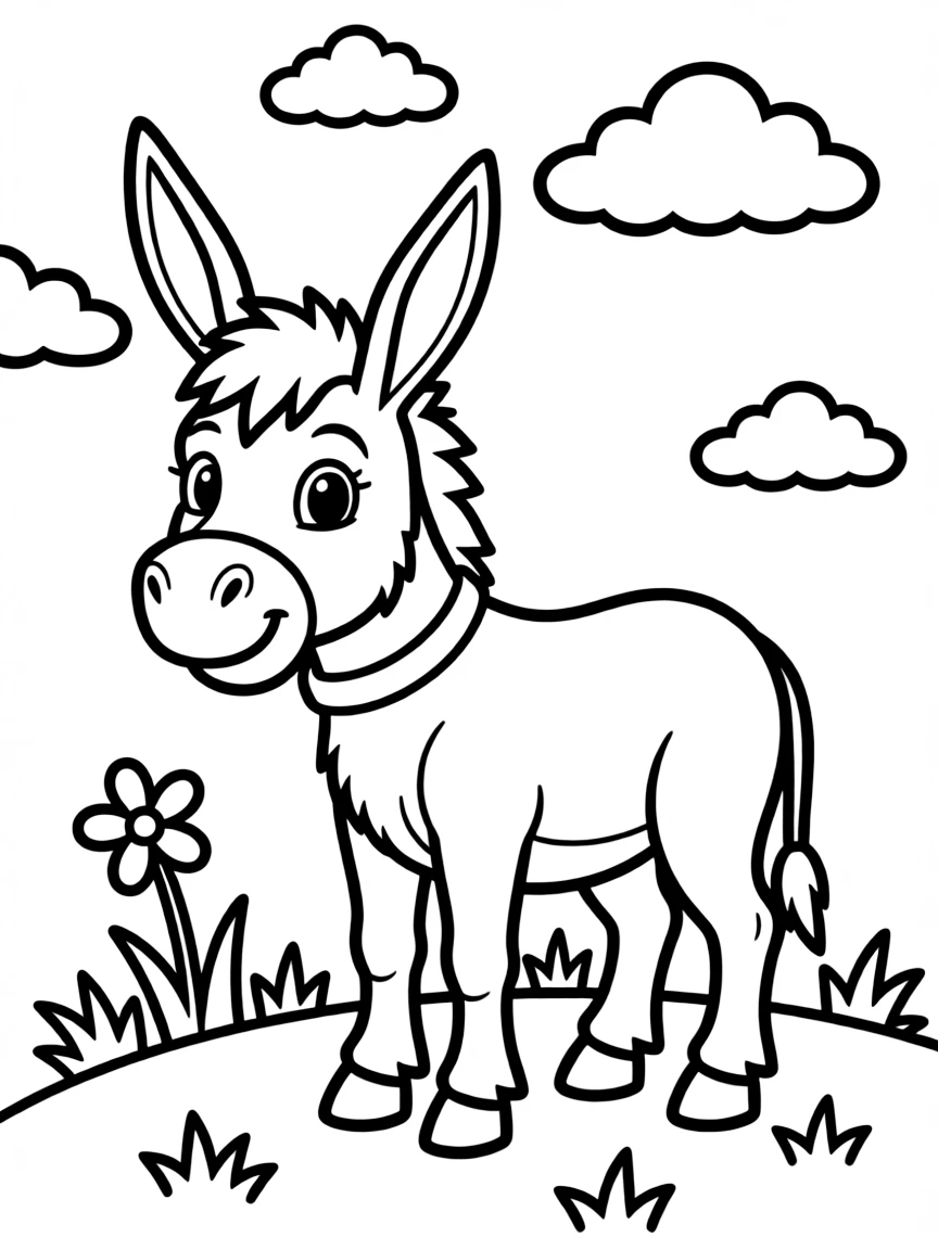 A cute drawing of a small donkey.