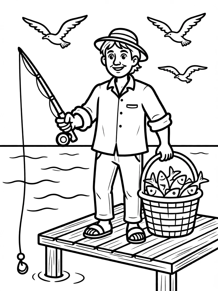 A cartoon-style drawing of a cheerful Greek fisherman.