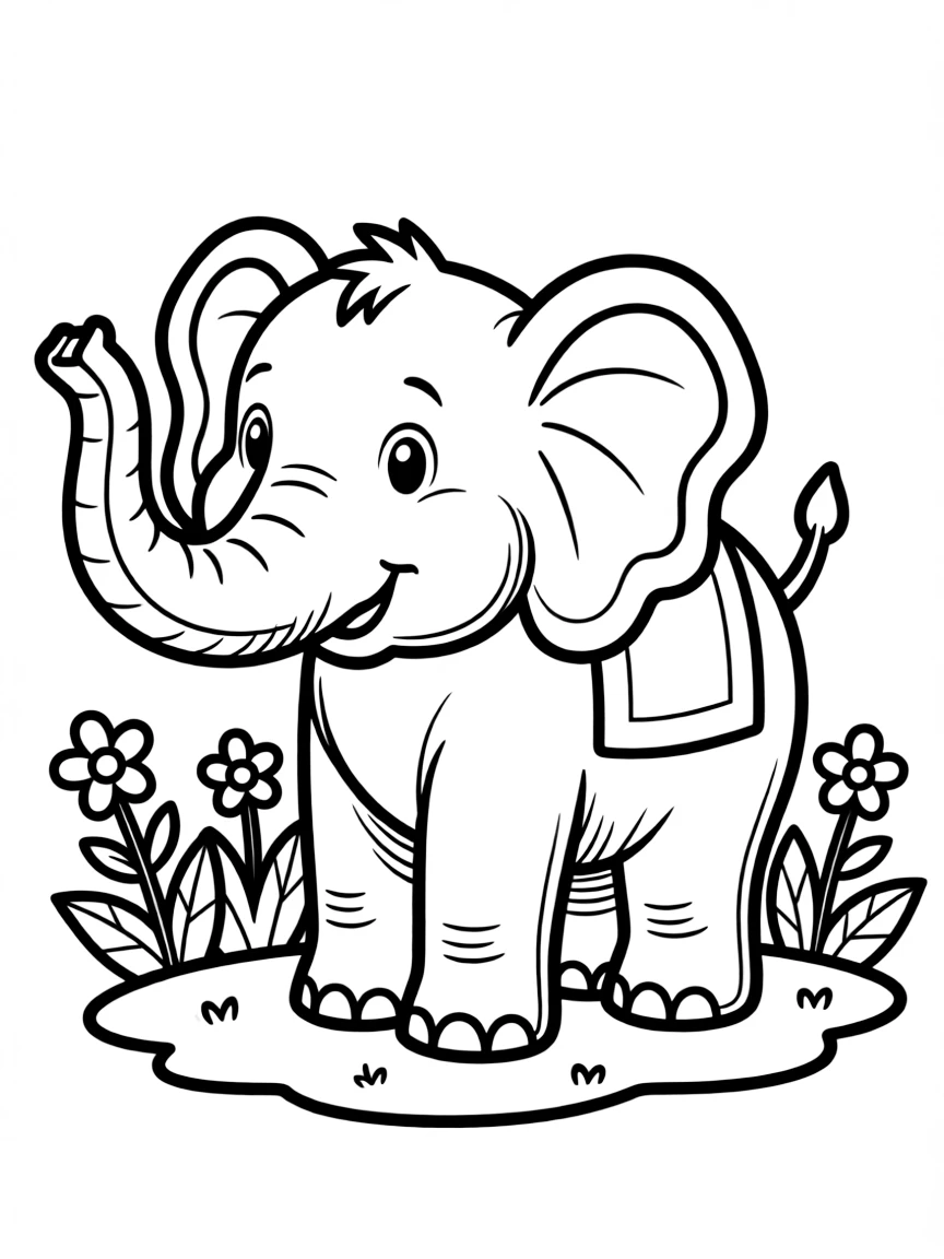 A cartoon-style drawing of a friendly elephant.