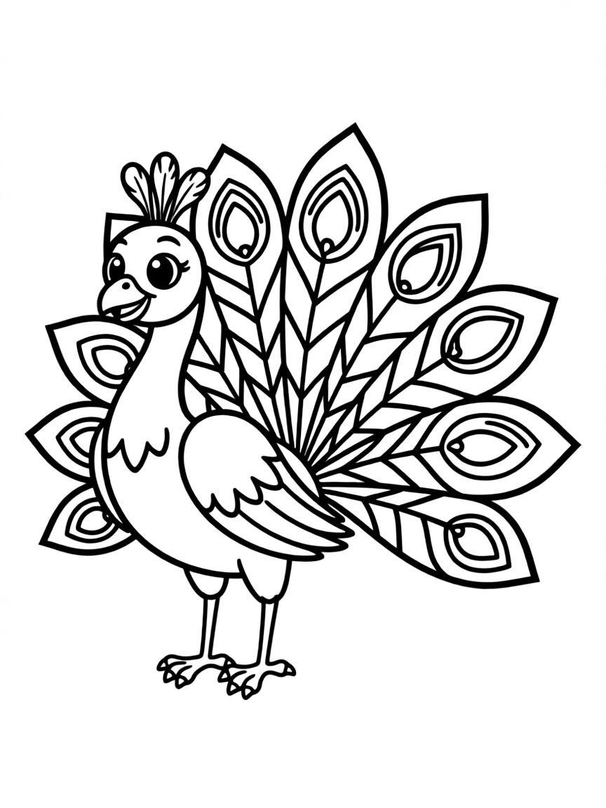 A cartoon-style drawing of a cheerful peacock.