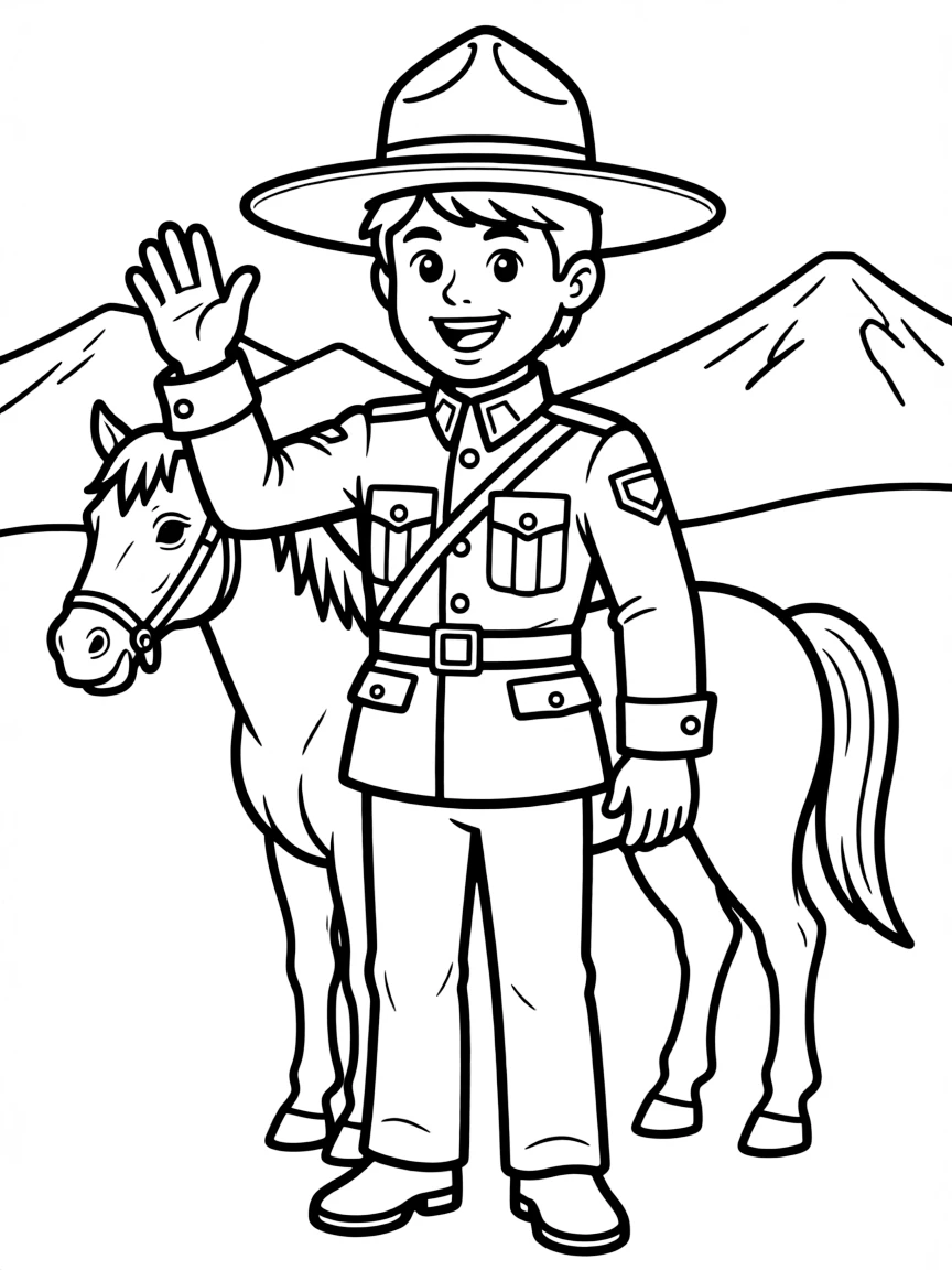 A cartoon-style drawing of a cheerful Mountie.
