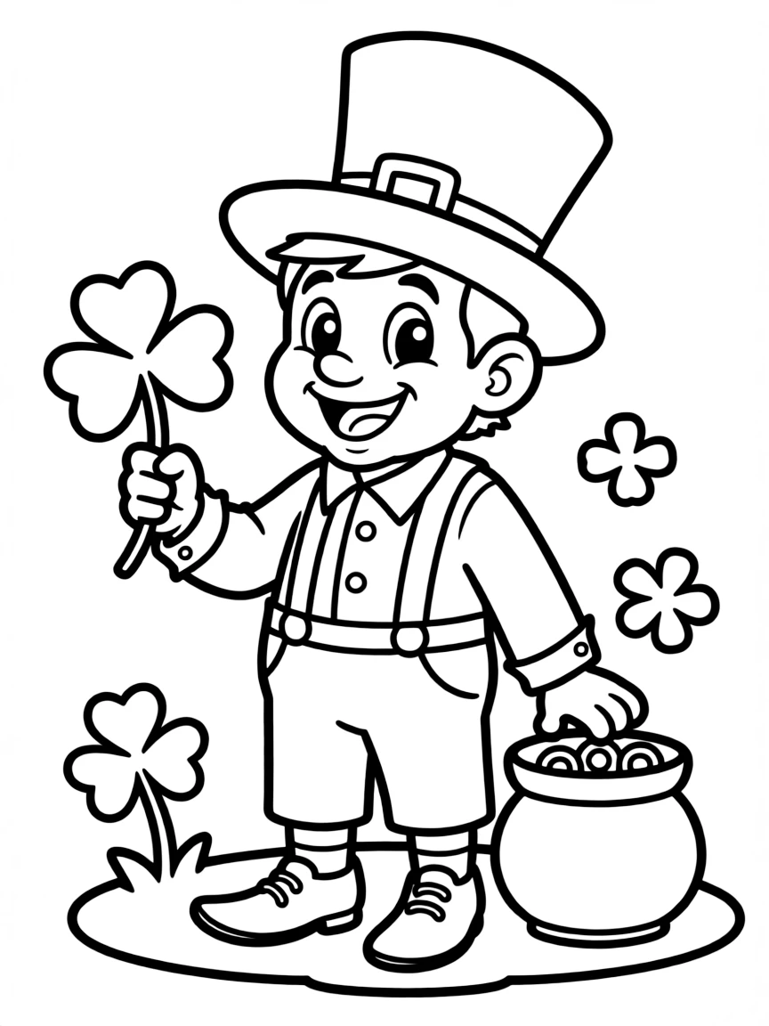 A cartoon-style drawing of a friendly leprechaun.