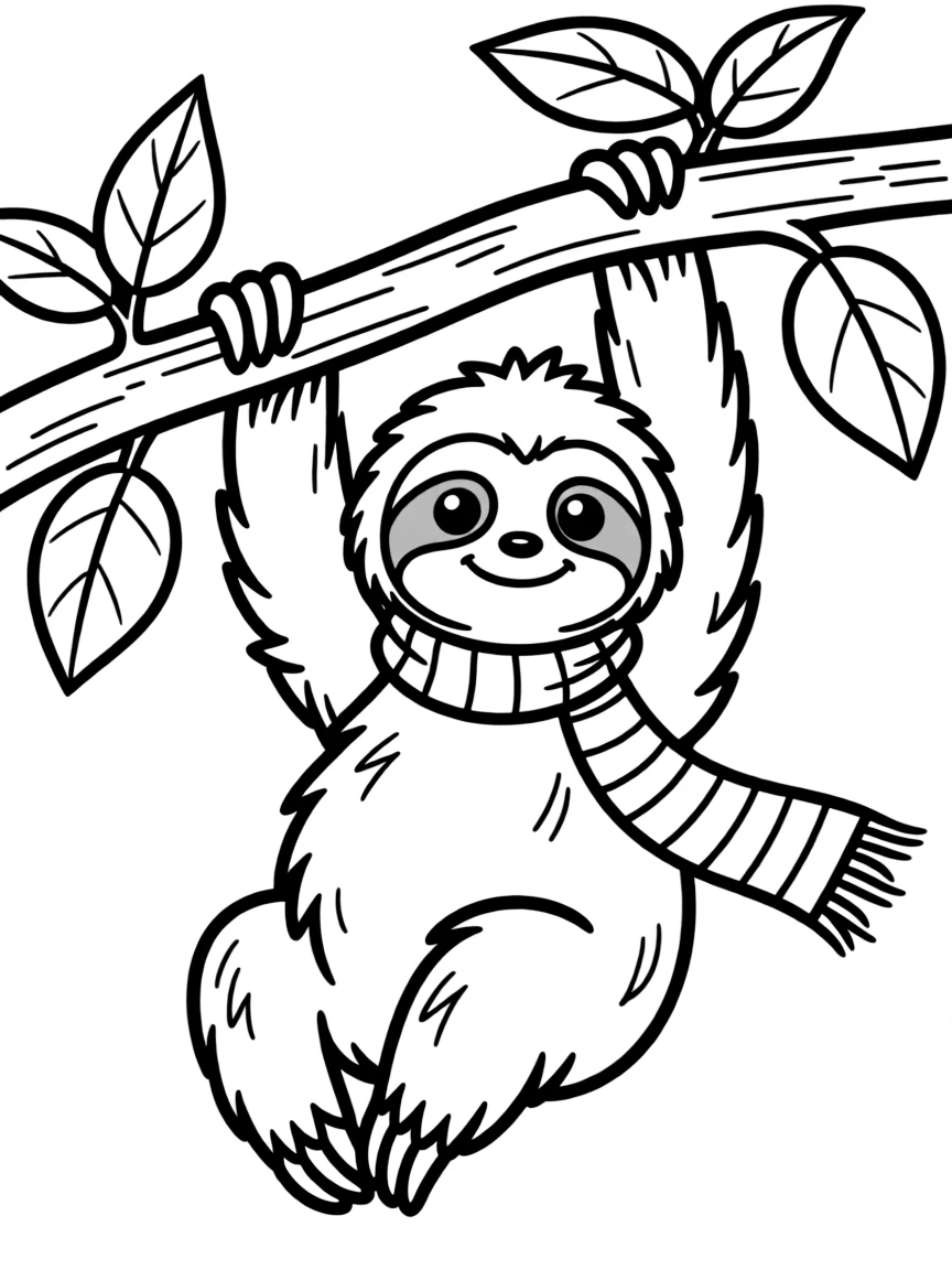 A cartoon-style drawing of a friendly sloth on a branch.
