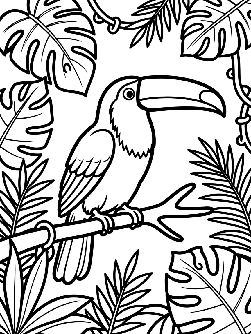 A simplified drawing of a toucan in a jungle.