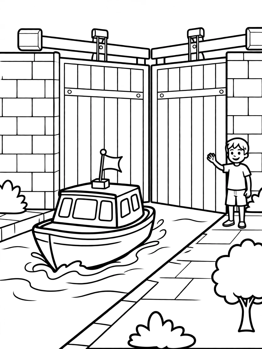 A cute drawing of a boat going through a lock.