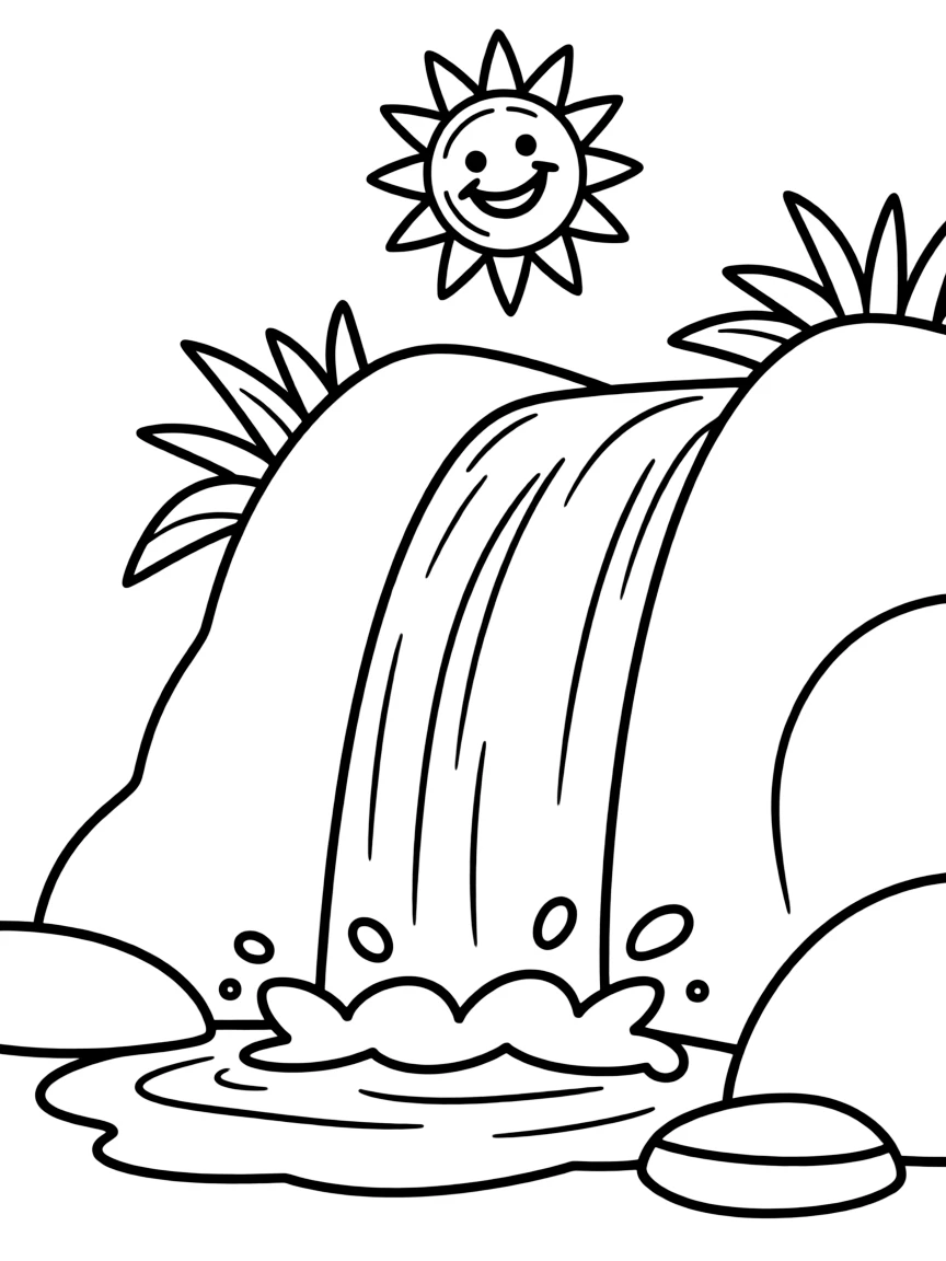 A cartoon-style drawing of a cheerful waterfall.