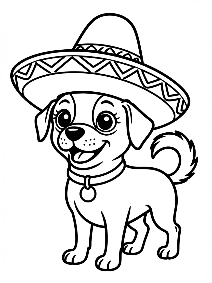 A cartoon-style drawing of a friendly chihuahua with a sombrero.