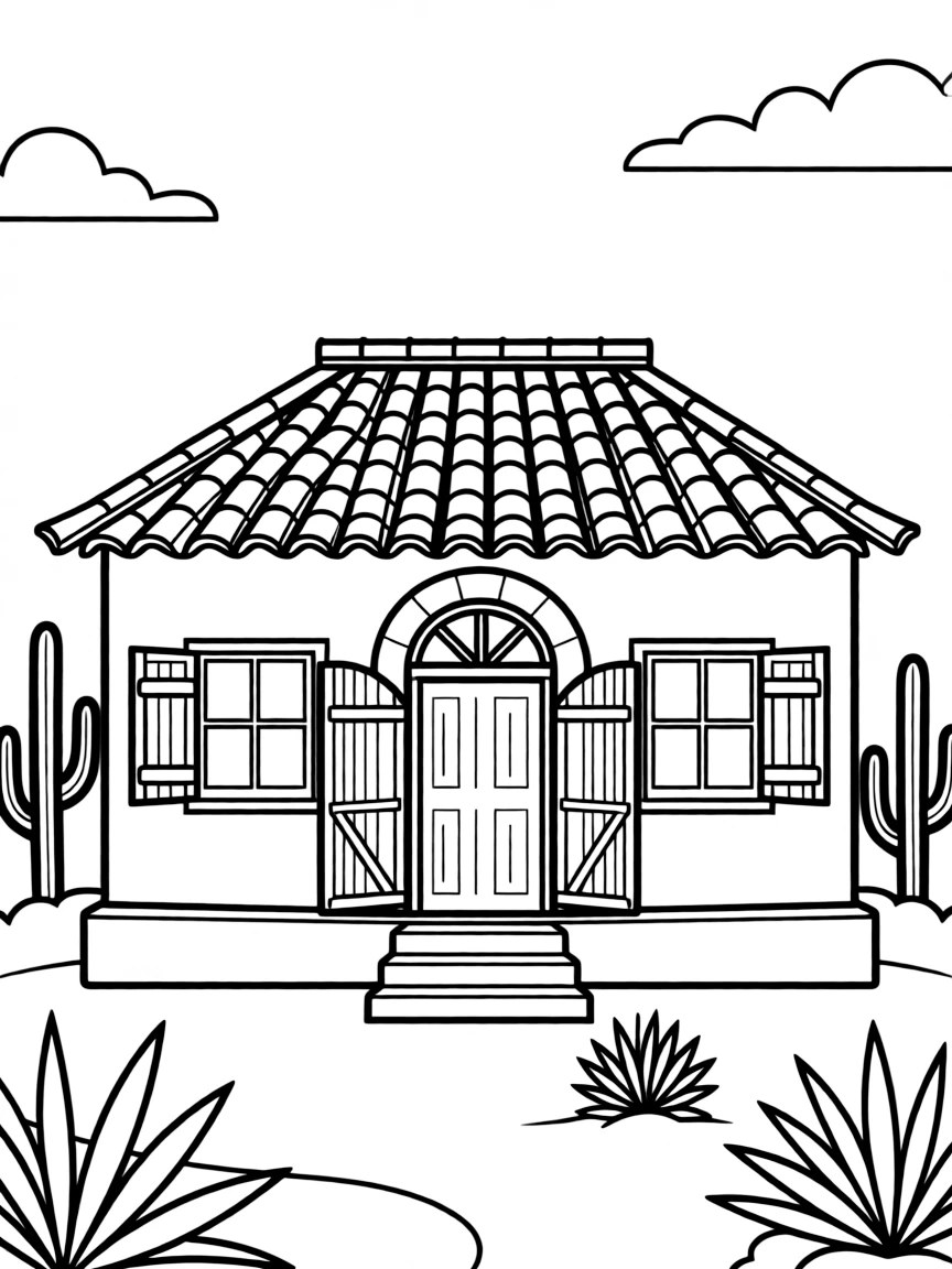 A simplified drawing of a traditional Mexican house.