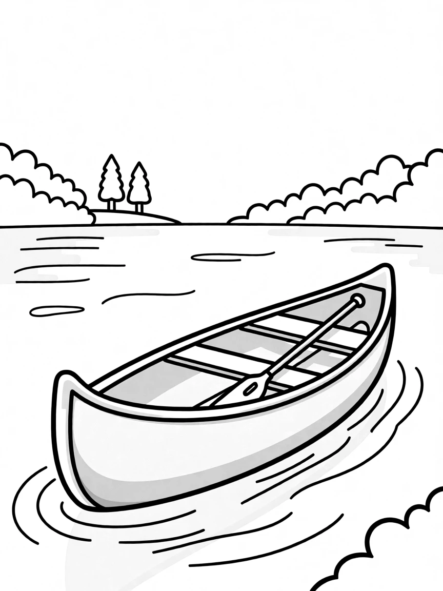 A simplified drawing of a canoe on a lake.