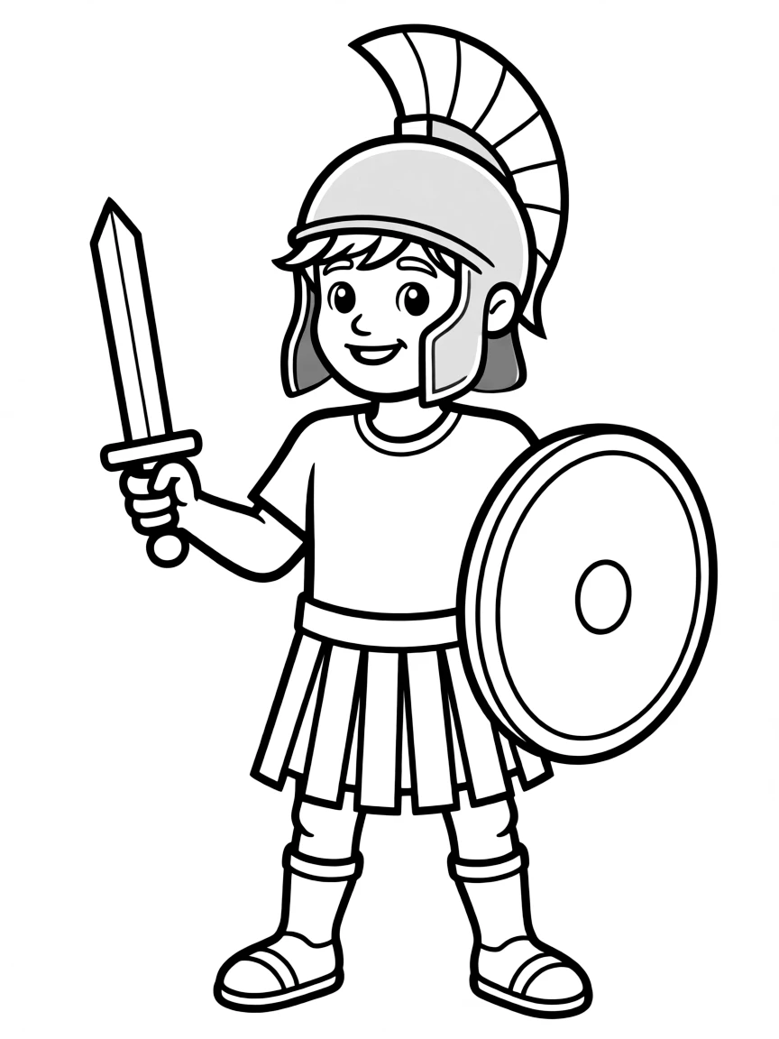 A cartoon-style drawing of a friendly Roman gladiator.