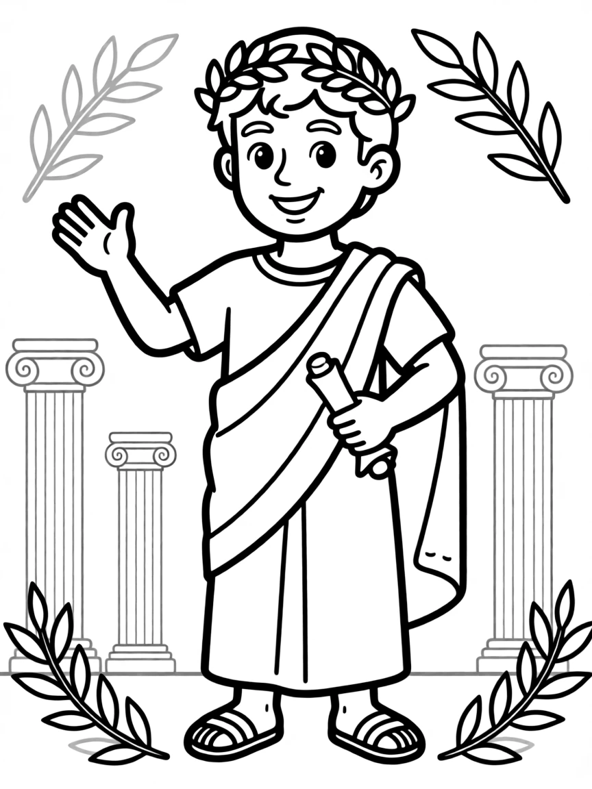 A cartoon-style drawing of a cheerful Roman emperor.