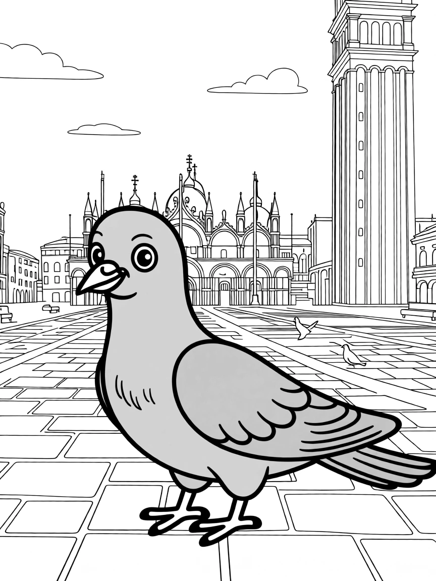 A cartoon-style drawing of a friendly pigeon in St. Mark's Square.