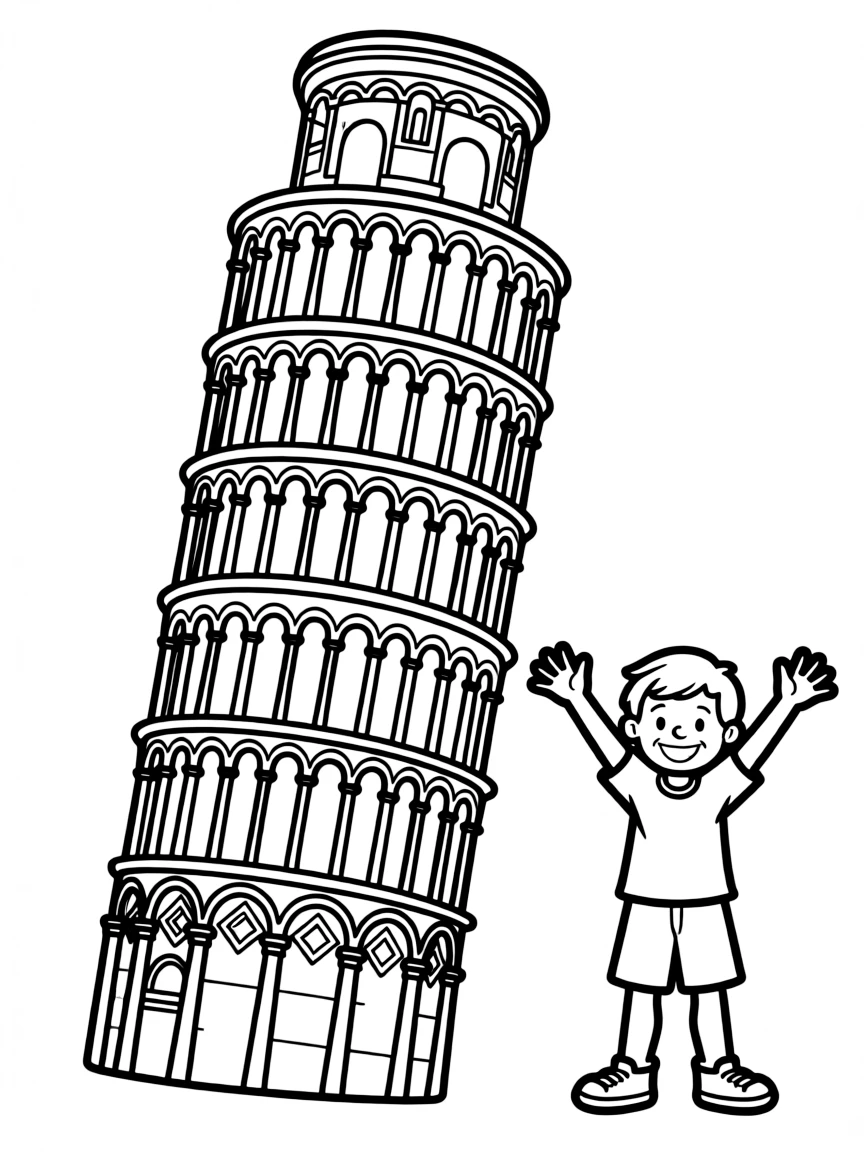 A simple outline of the Leaning Tower of Pisa, Italy, with a happy tourist.
