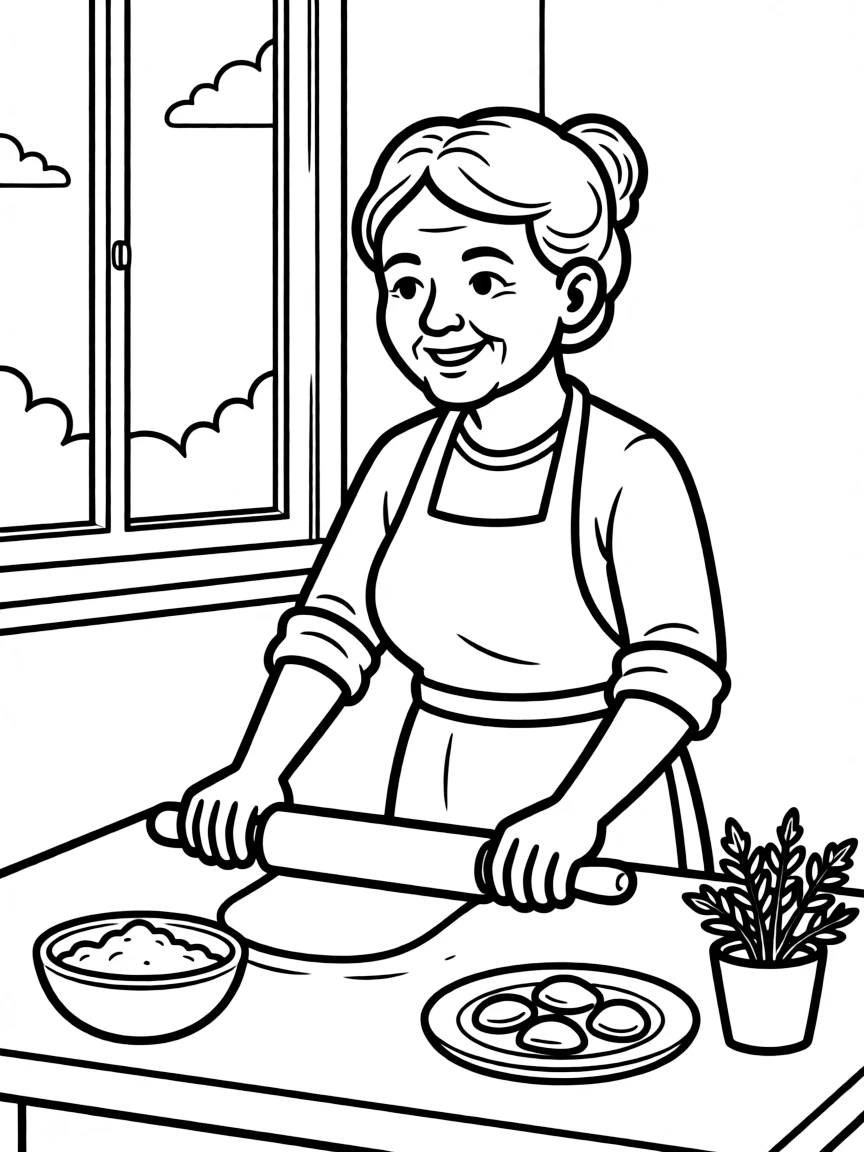 A cartoon-style drawing of a friendly Italian nonna (grandma) making pasta.