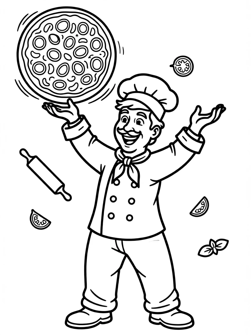 A cartoon-style drawing of a cheerful Italian chef tossing pizza dough.