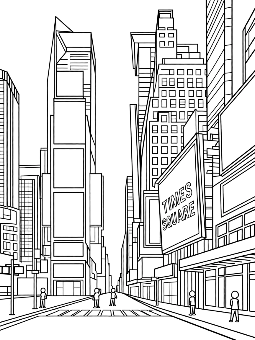 A simple outline of Times Square, New York, with bright lights.