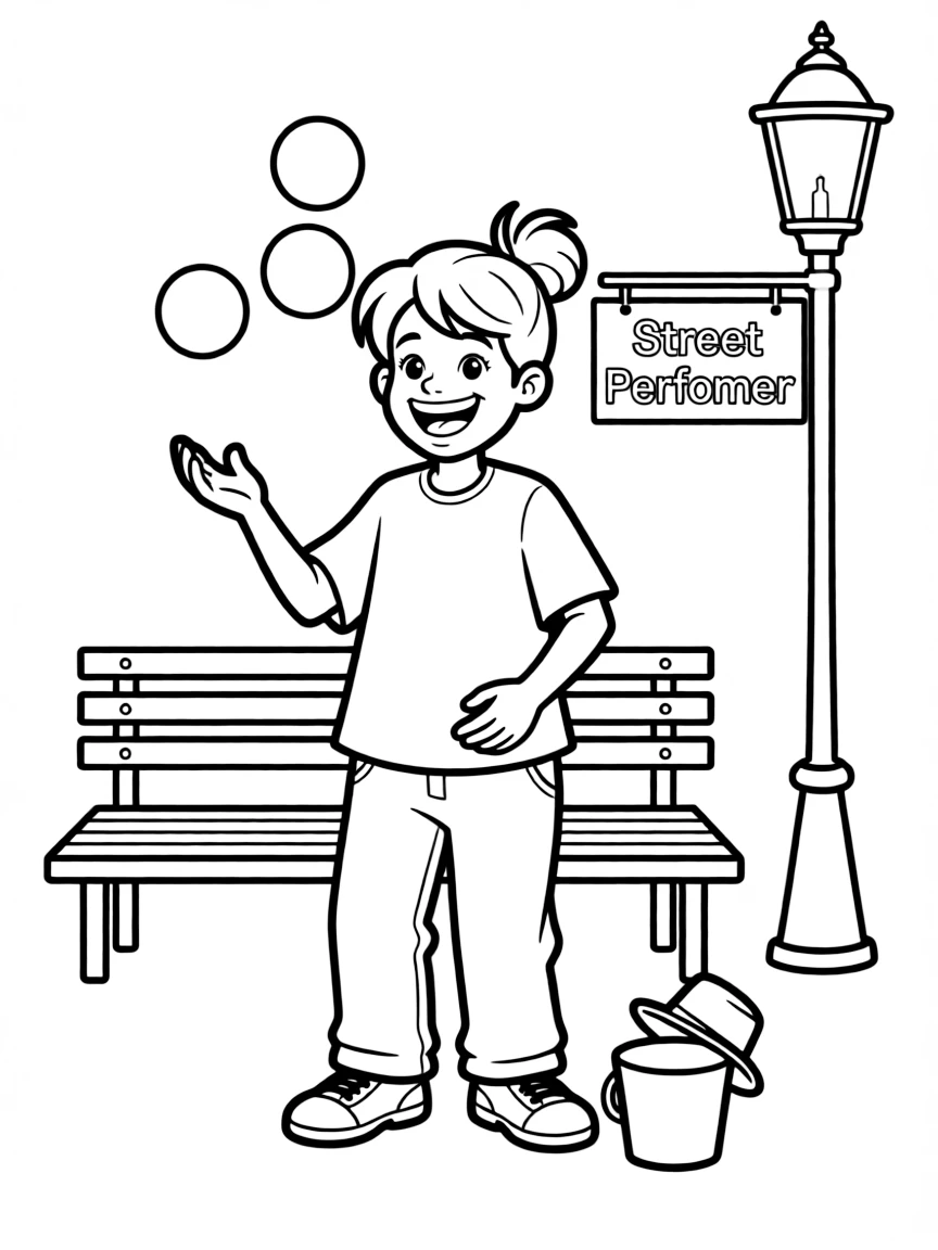 A cartoon-style drawing of a cheerful street performer.