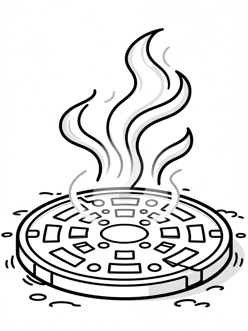 A simplified drawing of a steaming manhole cover.