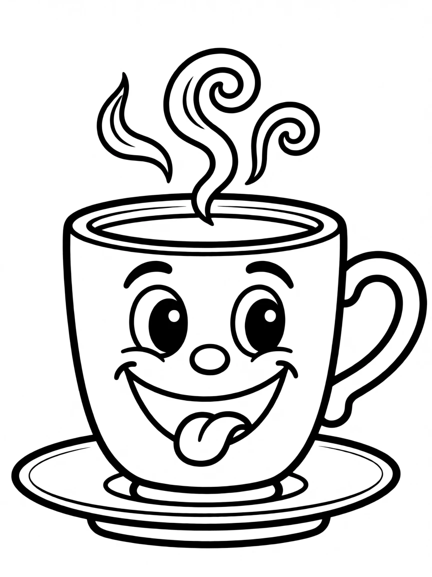 A cartoon-style drawing of a friendly coffee cup with steam.