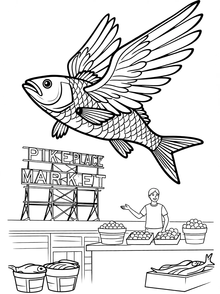 A simplified drawing of a flying fish at Pike Place Market.
