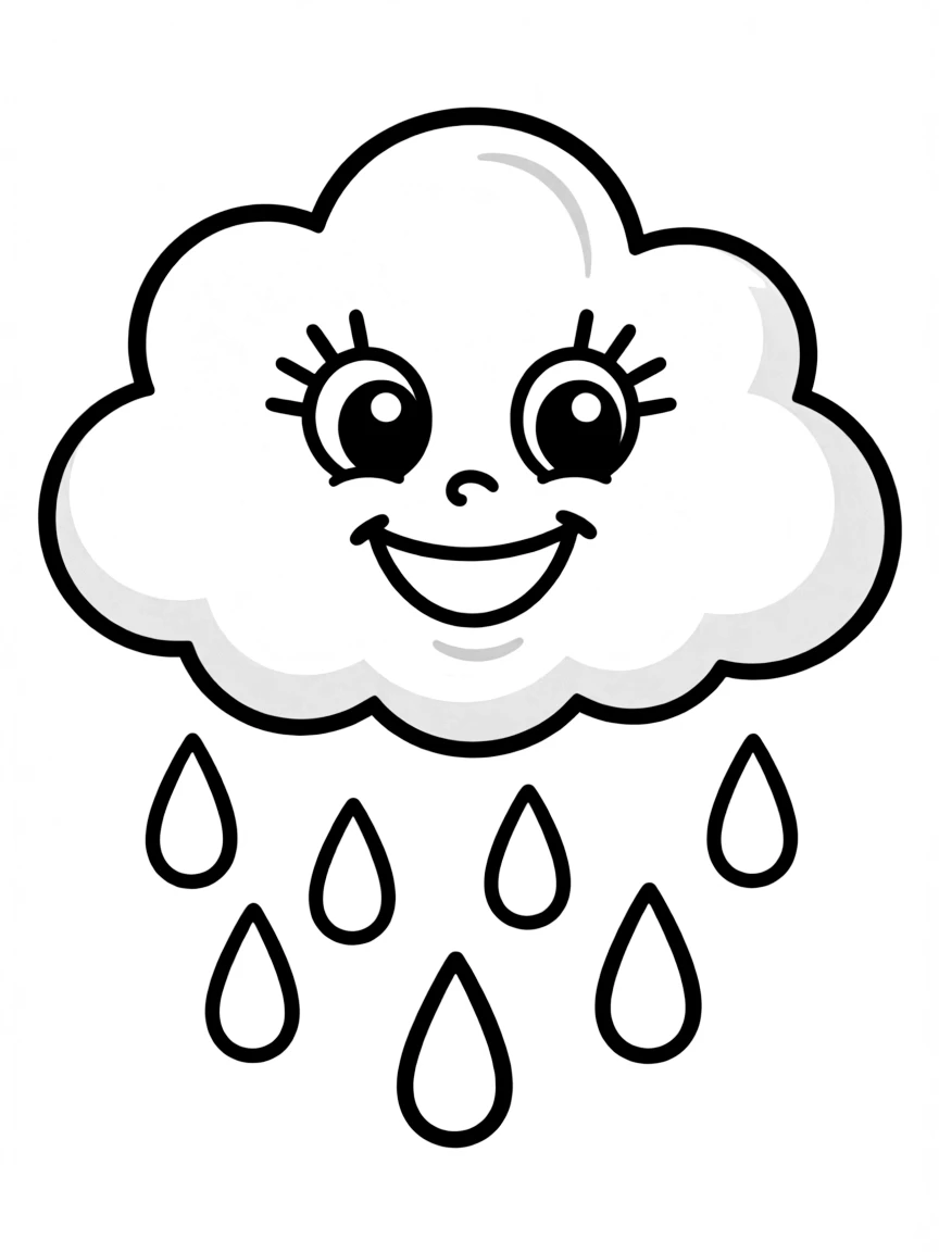 A drawing of a simplified rain cloud with a happy face.